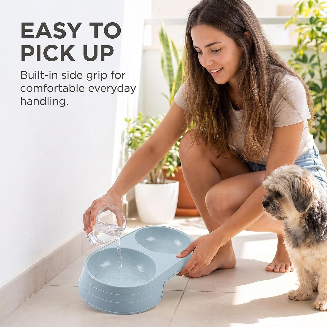 Pet Food and Water Bowl, Double Feeding Bowls, Small Grey