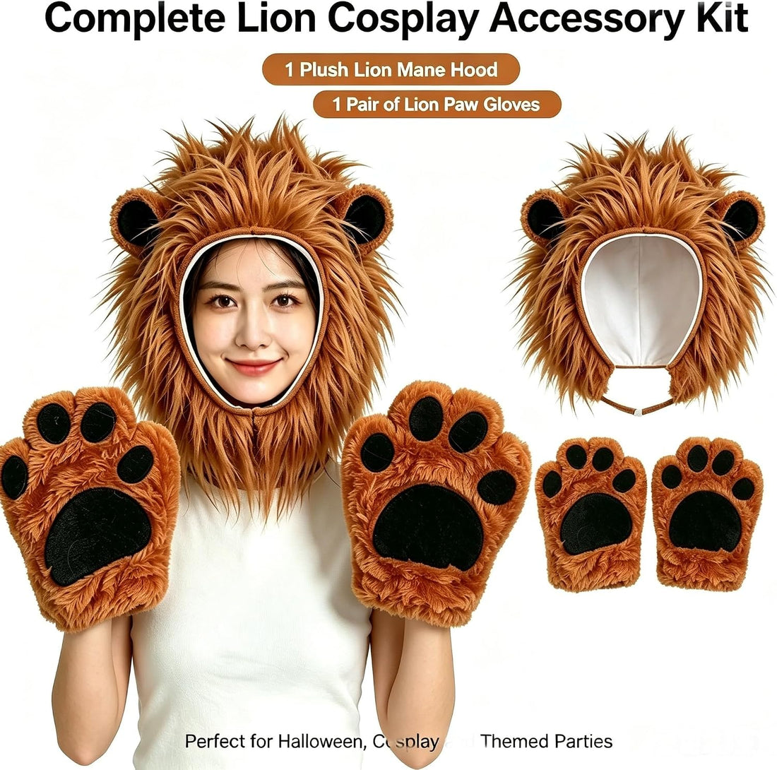 Lion Costume Accessory Set, Plush Lion Mane Hood with Paw Gloves
