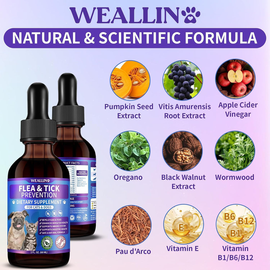 WEALLIN Flea and Tick Support for Dogs and Cats with Multivitamin 60ml