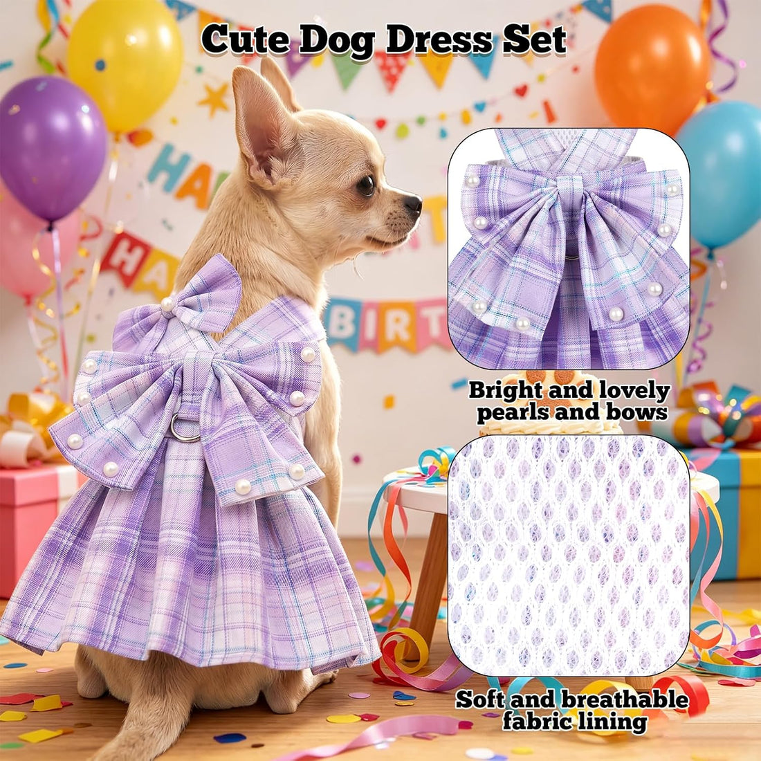 Dog Plaid Dress Harness and Leash Set with Pearls Bow Adjustable