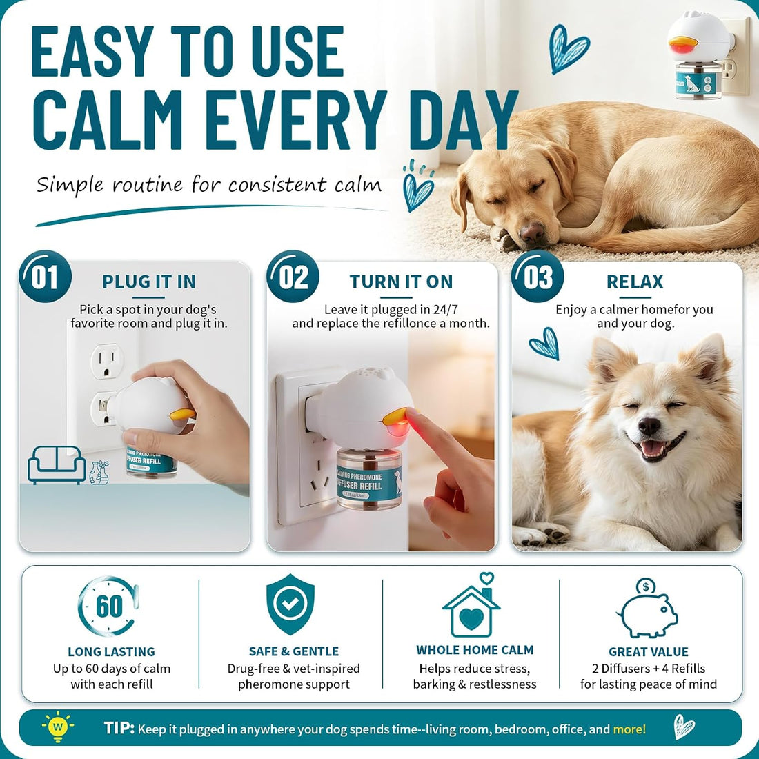 Upgraded Dog Calming Diffuser with 2 Plug-in + 4 Refill