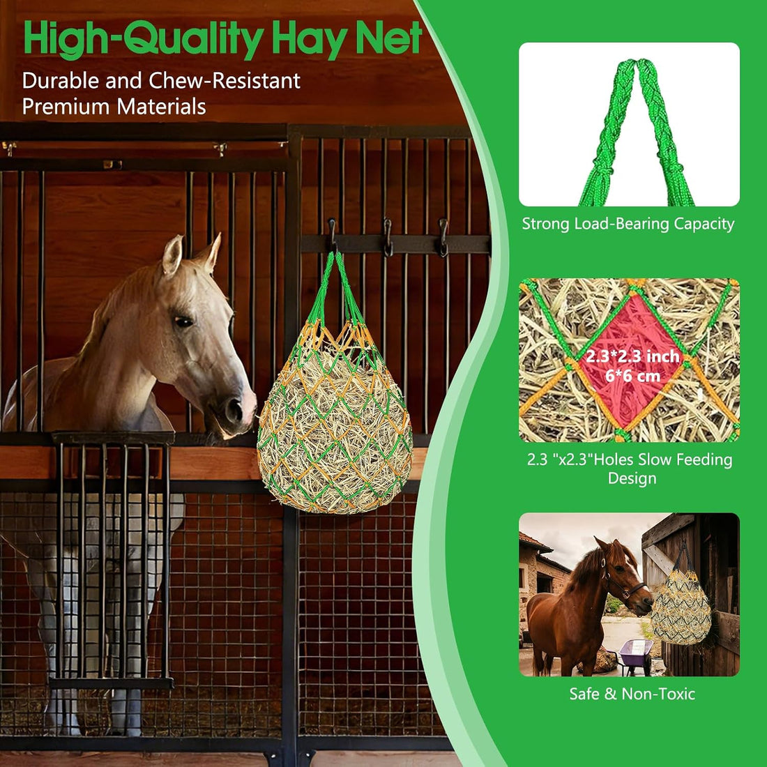 Slow Feed Hay Nets 3 Pack 40-Inch Durable Mesh Hay Bags Feeder