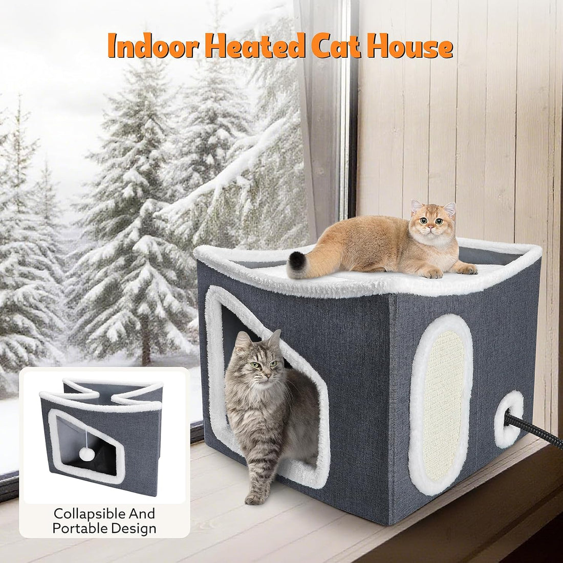 Tovve Heated Cat House for Indoor, Large Cat Bed with Heating Pad