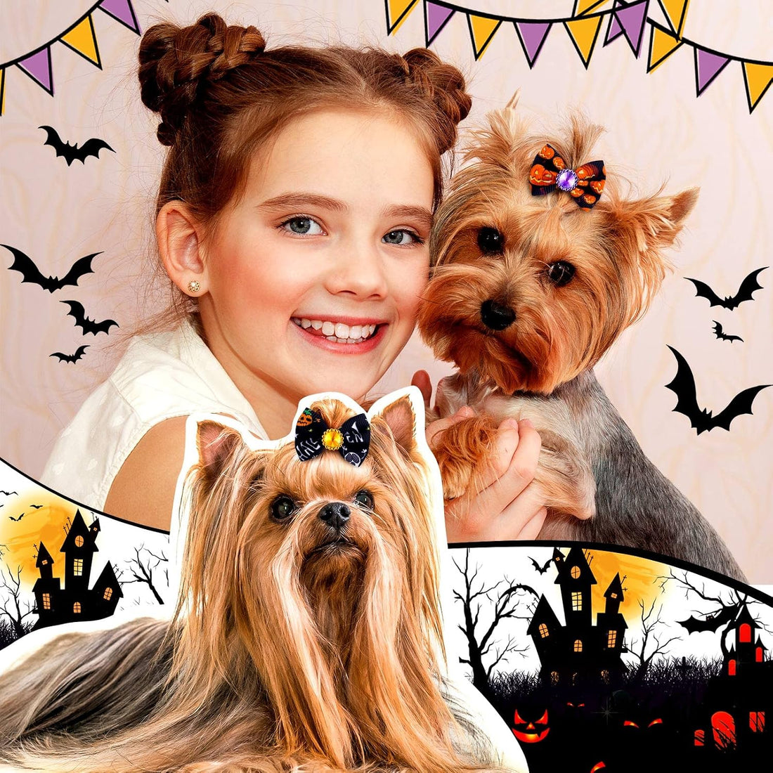 Tondiamo 100 Pack Halloween Dog Hair Bows Ghost Pattern Rubber Bands