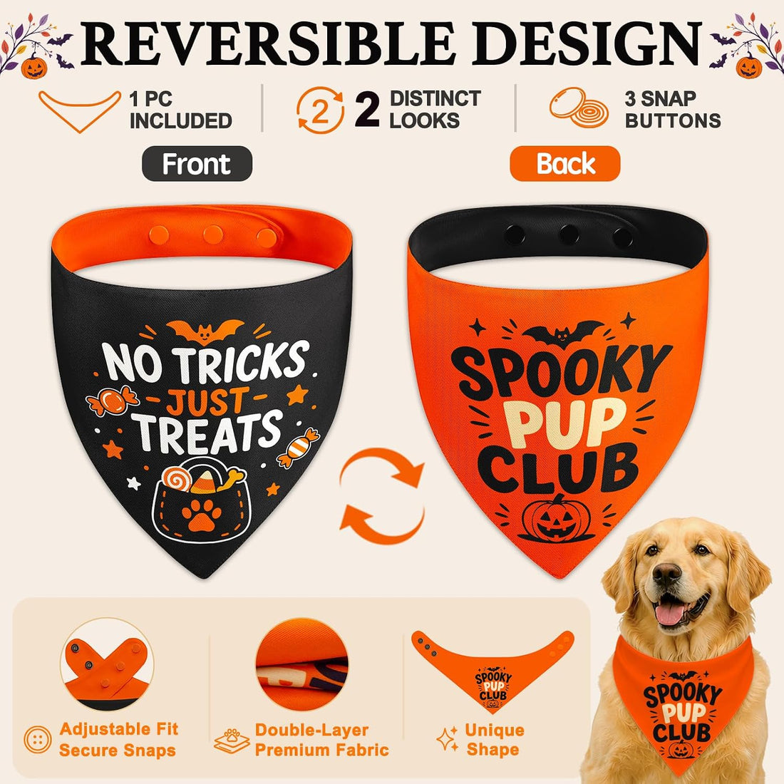 Halloween Dog Bandana, Reversible Snap-On Pet Scarf