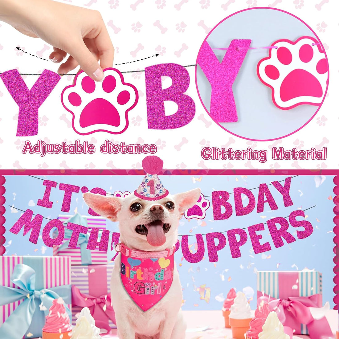 Hot-Pink Dog Birthday Party Supplies Pet Birthday Bandanas Girl Doggy