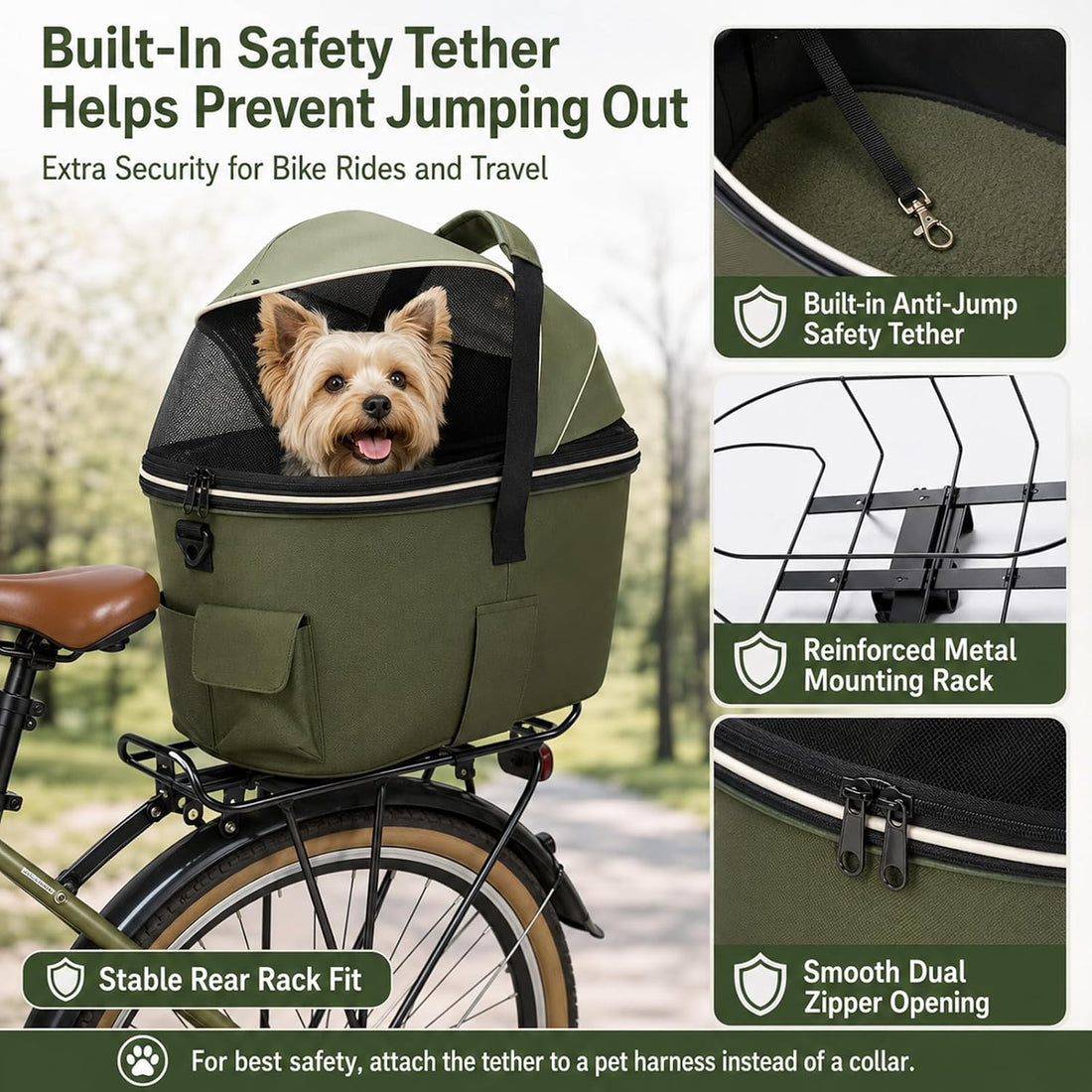 Dog Bike Basket Rear Seat, 3-in-1 Pet Bike Carrier for Small Dogs