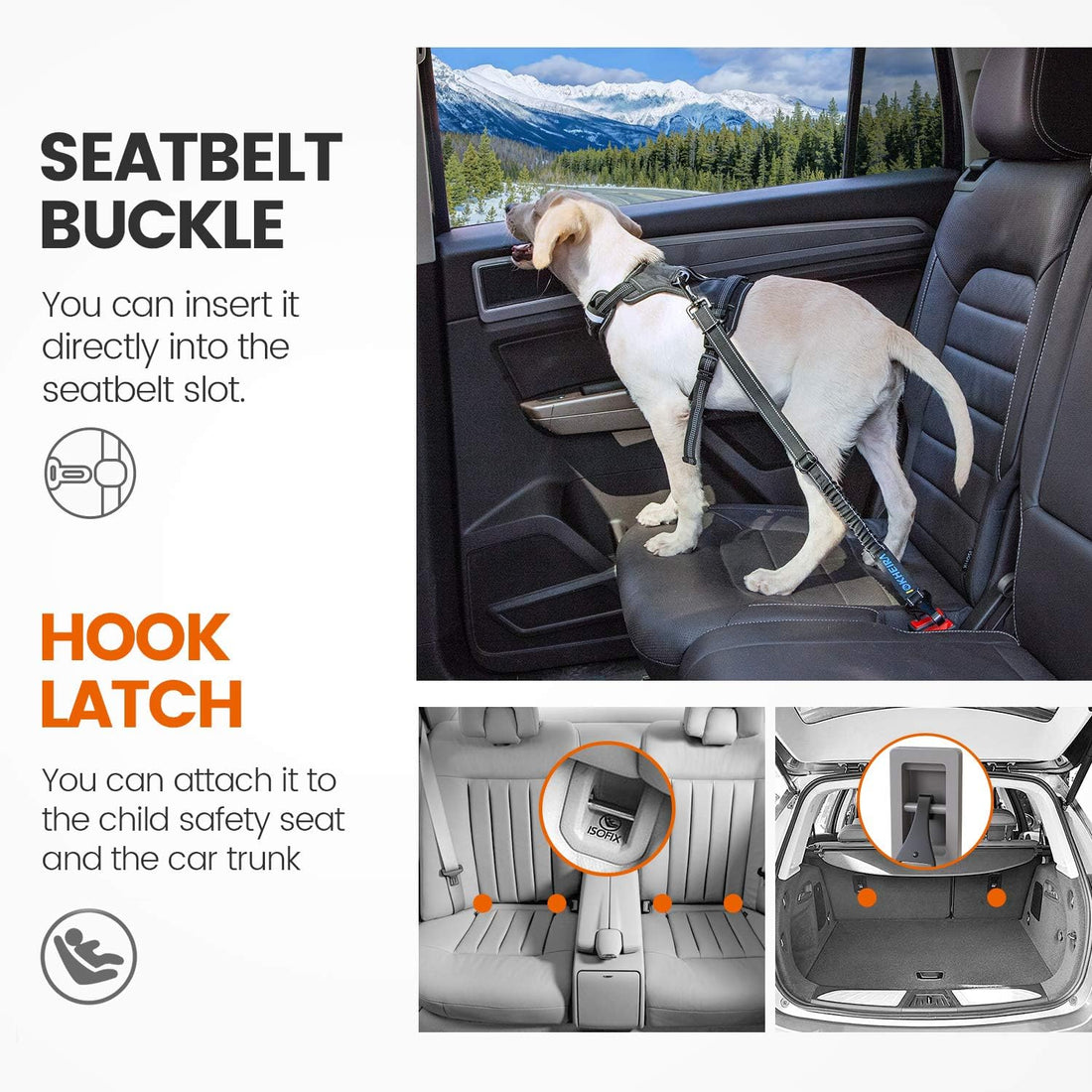 IOKHEIRA Dog Seatbelt, Updated Adjustable Harness Reflective Bungee