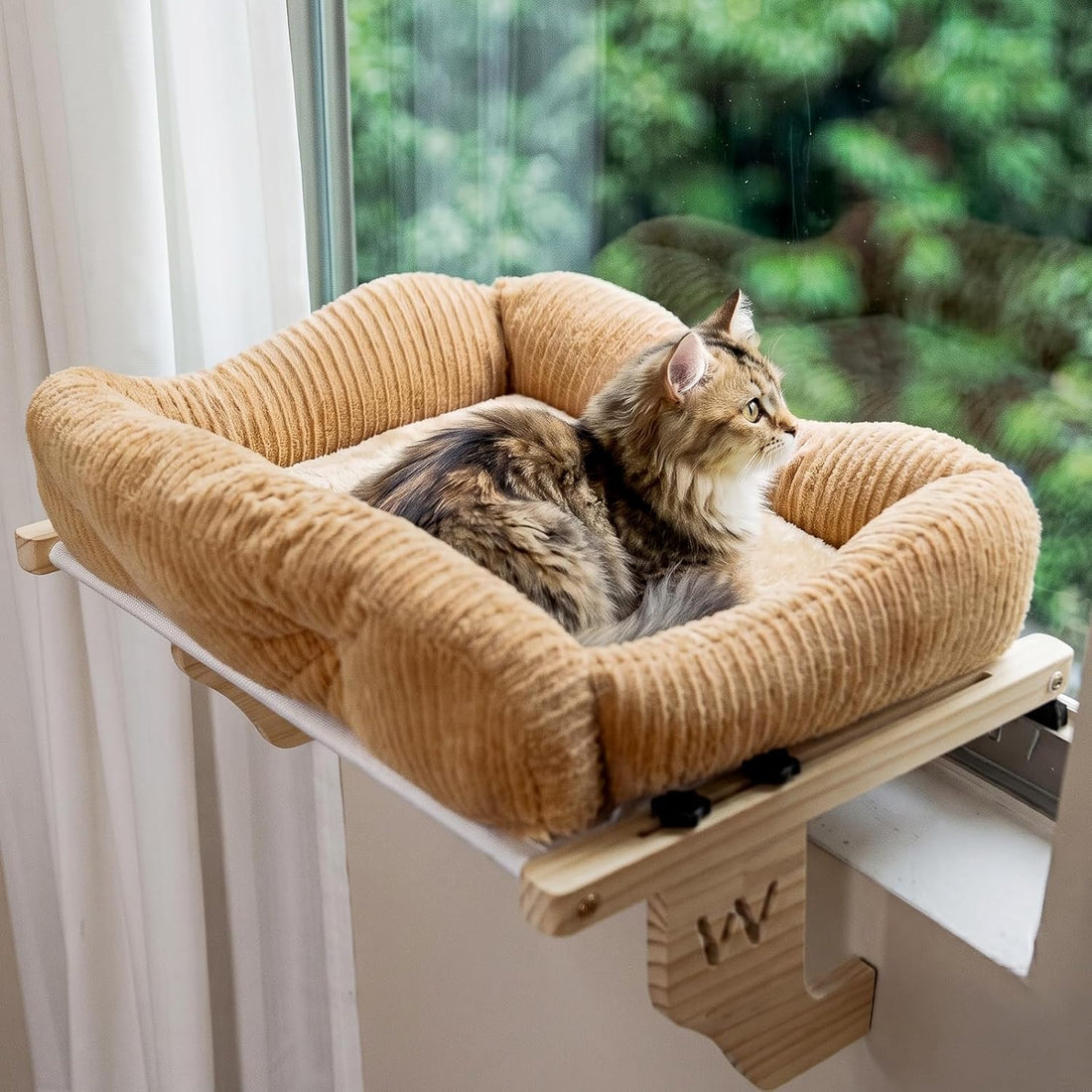 WOOCHPET Wooden Cat Window Perch, Cat Window Bed with Soft Cushion