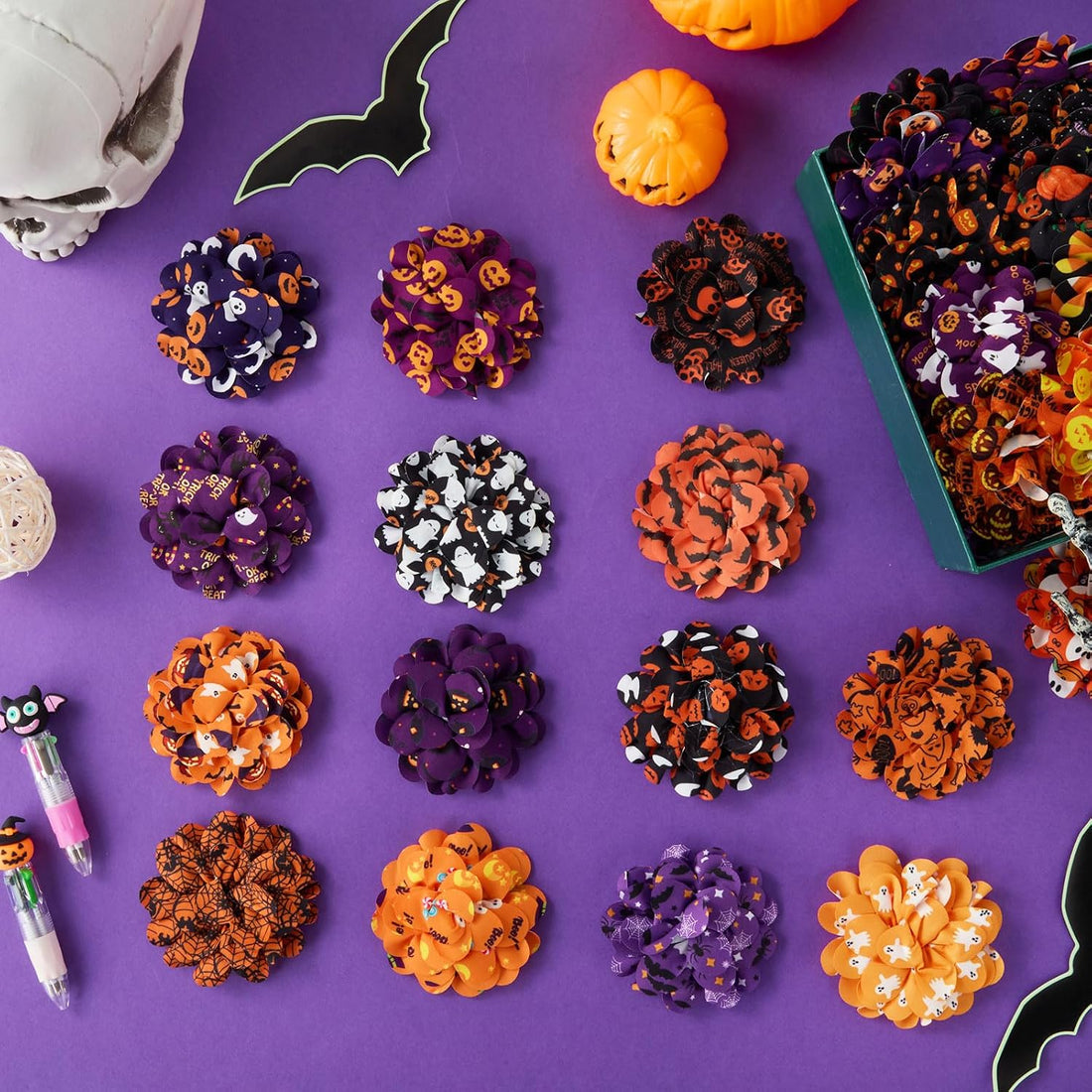 Dansydaisy 50 Pcs Halloween Dog Collar Flowers Bulk, Pumpkin Ghost Bat