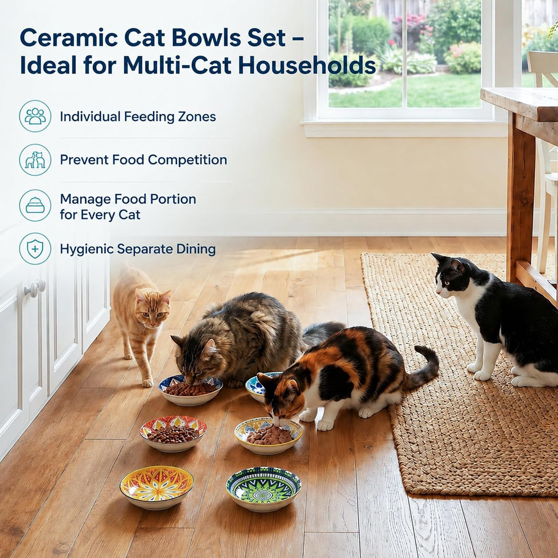 Ceramic Cat Bowls Set of 6 - Colorful Cute Shallow Cat Dishes