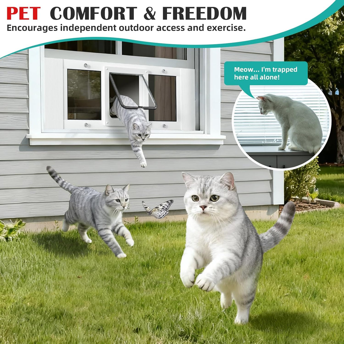 27"-32" Aluminum Cat Door for Winow No-Drill Rental-Friendly