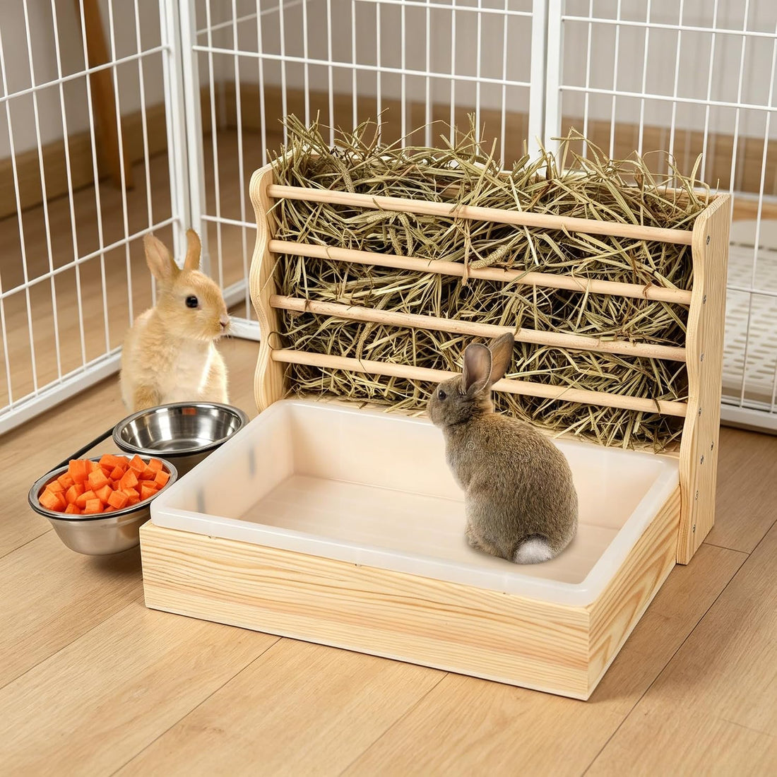 Rabbit Hay Feeder, 3 in 1 Wood Bunny Hay Holder with Litter Box