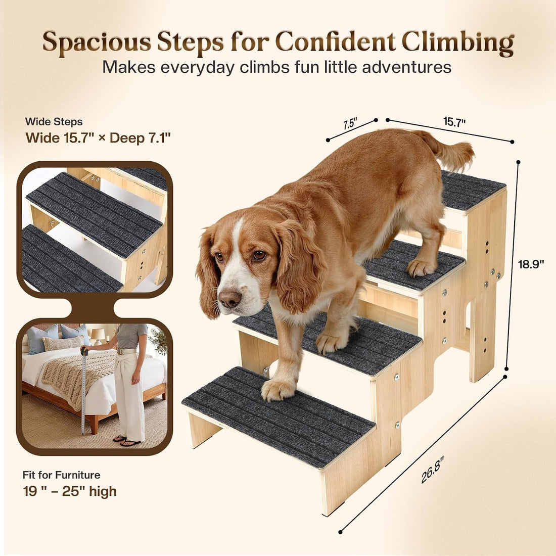 5-Step Wooden Dog Steps for Bed, Anti-Slip Dog Stairs with Carpet Pads