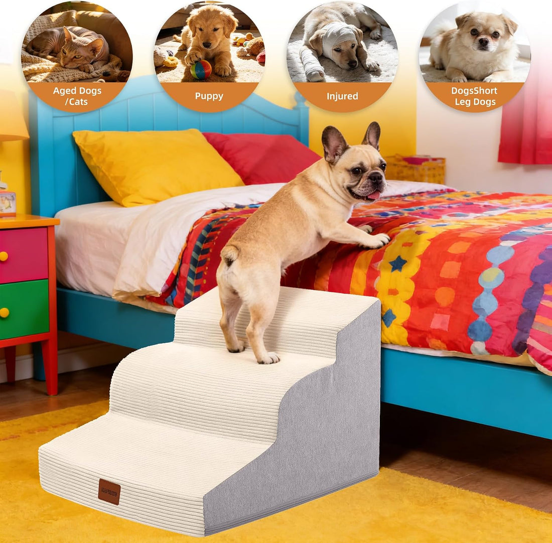 Dog Stairs for Small Dogs,15.7" H,3-Step Curved Pet Ramp for Bed