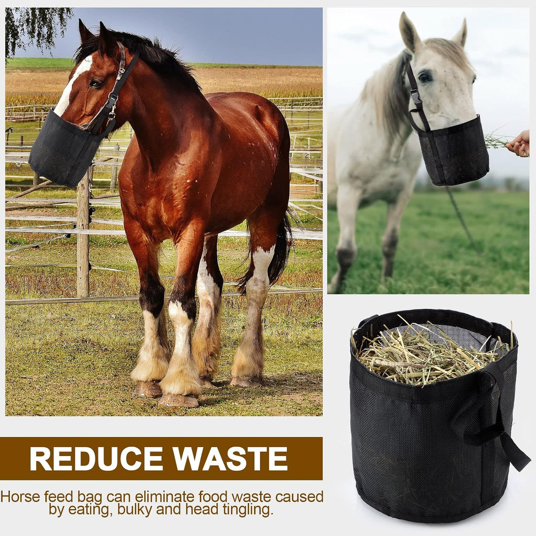 2 Pcs Horse Feed Bag, Heavy Duty Mesh Feeder with Adjustable Strap