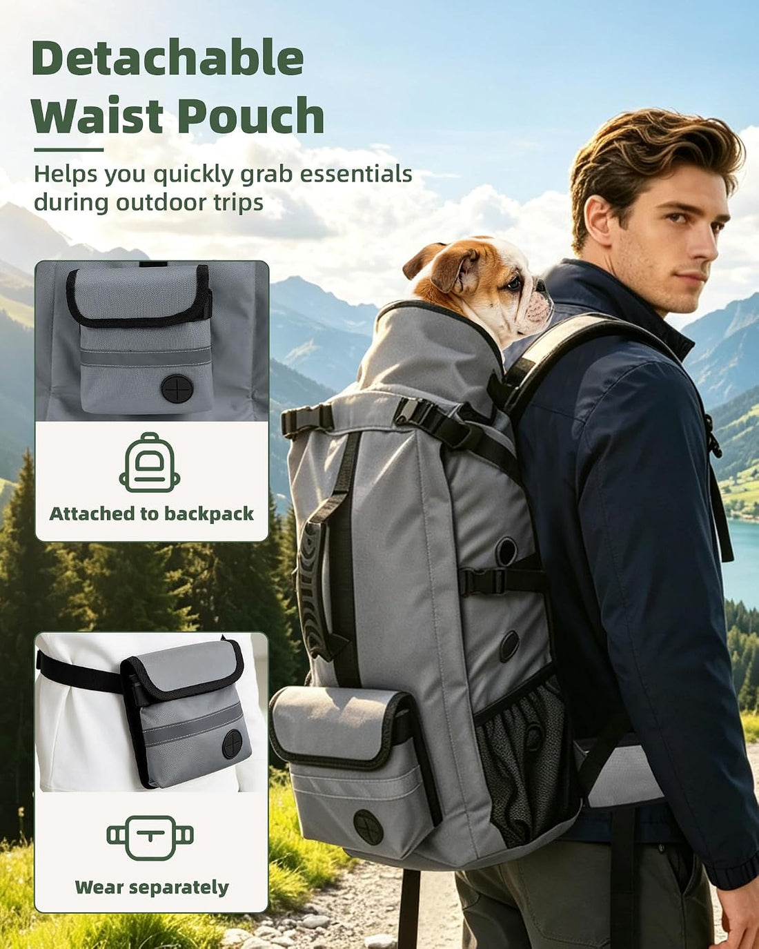 Breathable Dog Hiking Backpack Carrier for Large Dogs, Grey