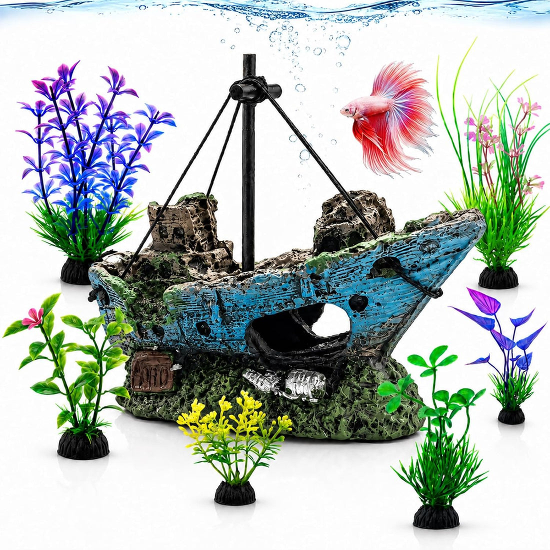 7 Pcs Shipwreck Aquarium Decorations Aquarium Plants for Fish Tank