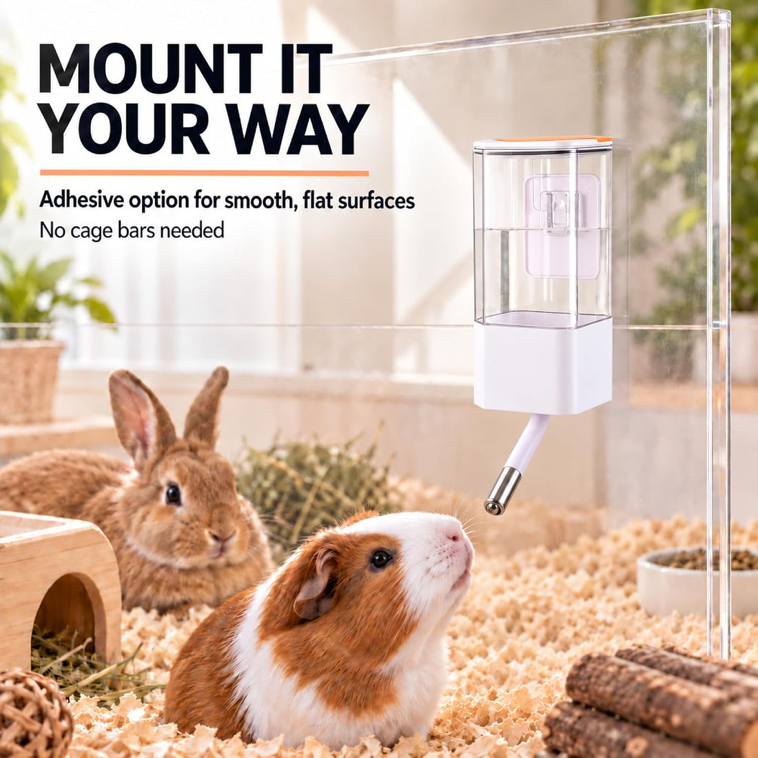 47oz No-Drip Small Pet Water Bottle, 2 Nozzles, Top-Fill Mount