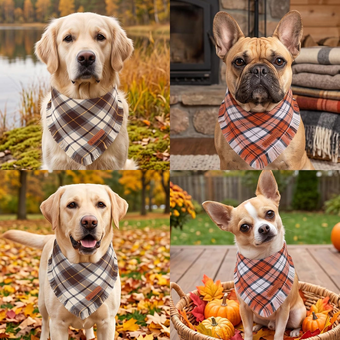 ADOGGYGO Fall Dog Bandana, Brown Plaid Thanksgiving Bandanas for Dogs
