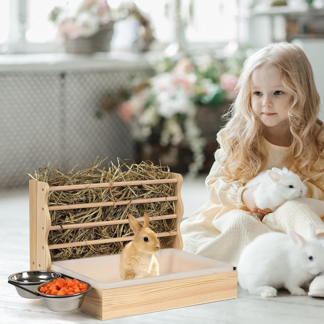 Rabbit Hay Feeder, 3 in 1 Wood Bunny Hay Holder with Litter Box