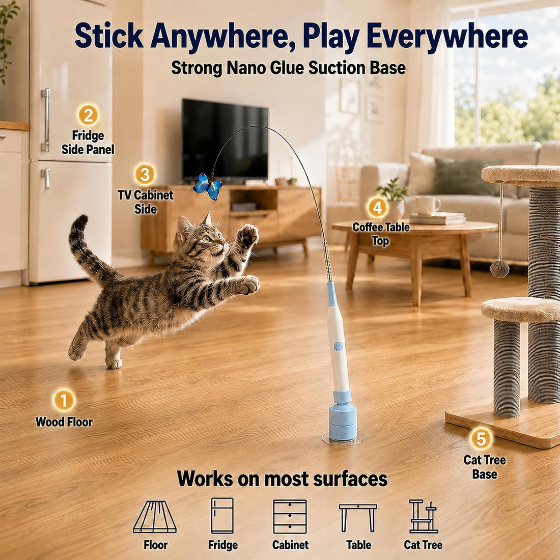 Interactive Butterfly Cat Toy Dual Mode Suction Wand Indoor Cats