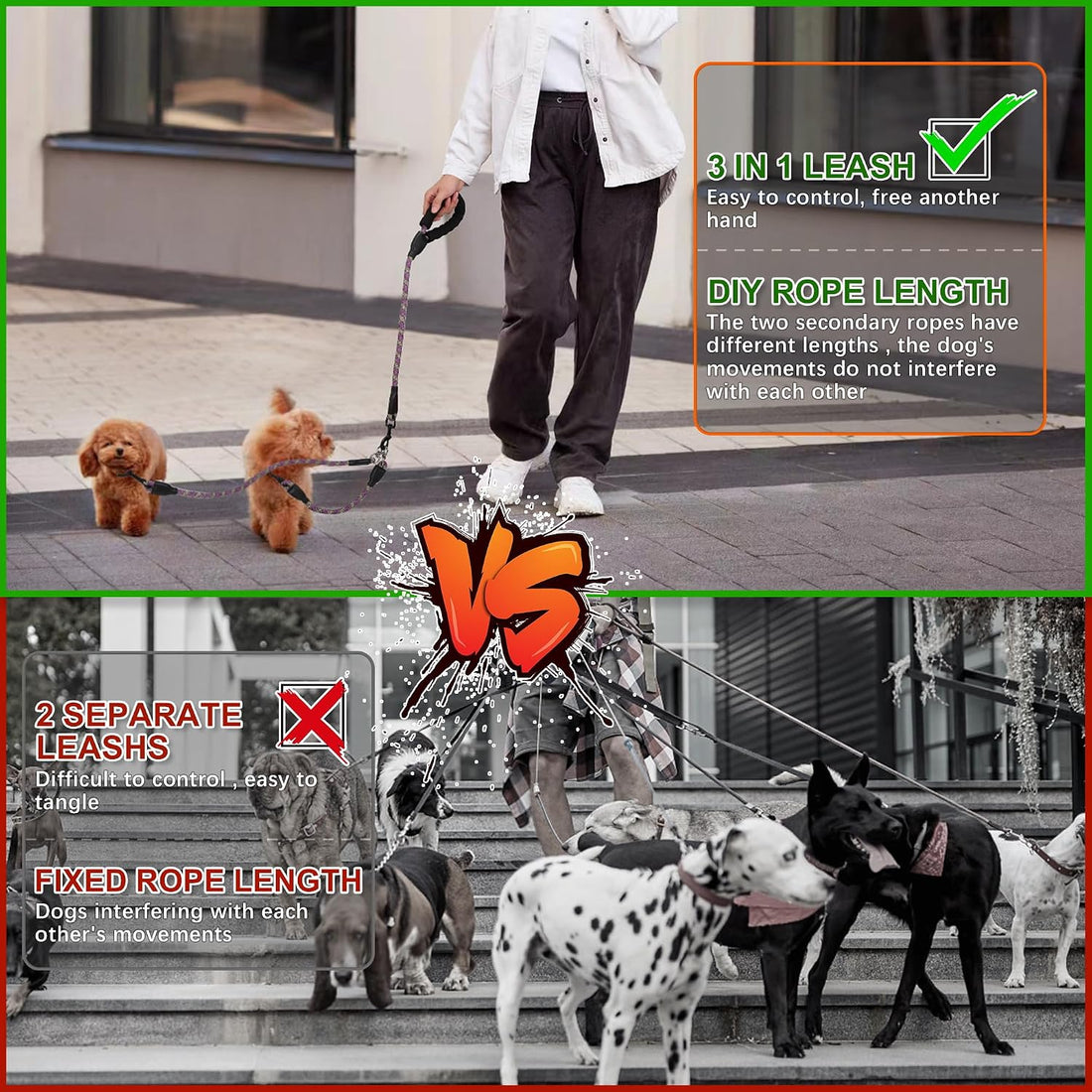 Double Dog Leash, No Tangle, Detachable360° Swivel, Reflective Strip