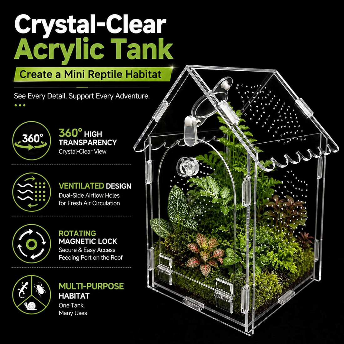 Jumping Spider Enclosure, House-Shaped Acrylic Habitat, Magnetic Door