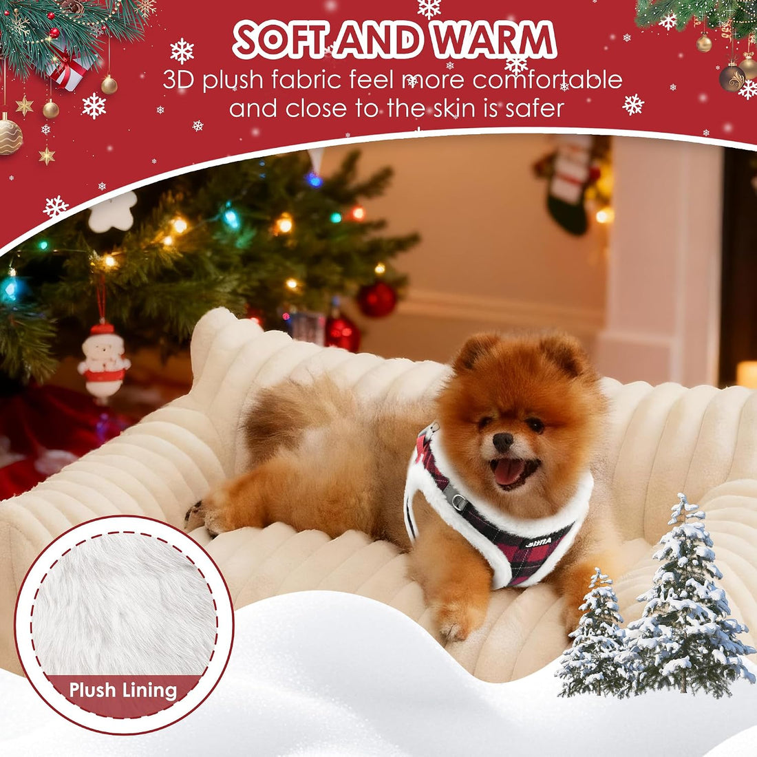 AIITLE Christmas Plush Small Dog Harness and Leash Set for Winter