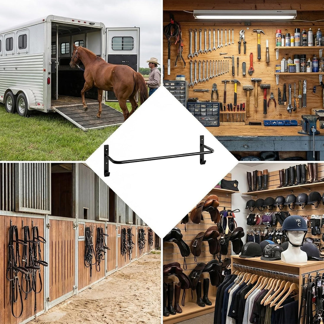 4 Pack Horse Blanket Rack, 34 Inch Wall Mounted Bar with Bridle Hooks
