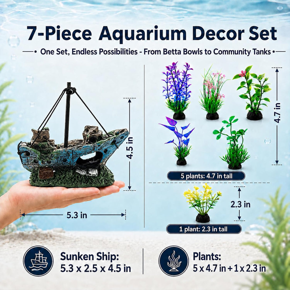7 Pcs Shipwreck Aquarium Decorations Aquarium Plants for Fish Tank