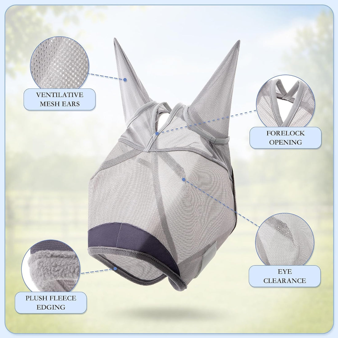 Horse Fly Mask with Ears - UV Protection Fine Mesh Super Comfort Fly