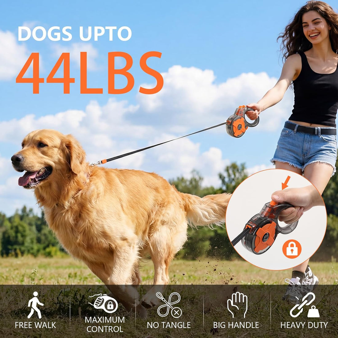 Retractable Dog Leash 13ft with Brake, for Small/Medium Dogs