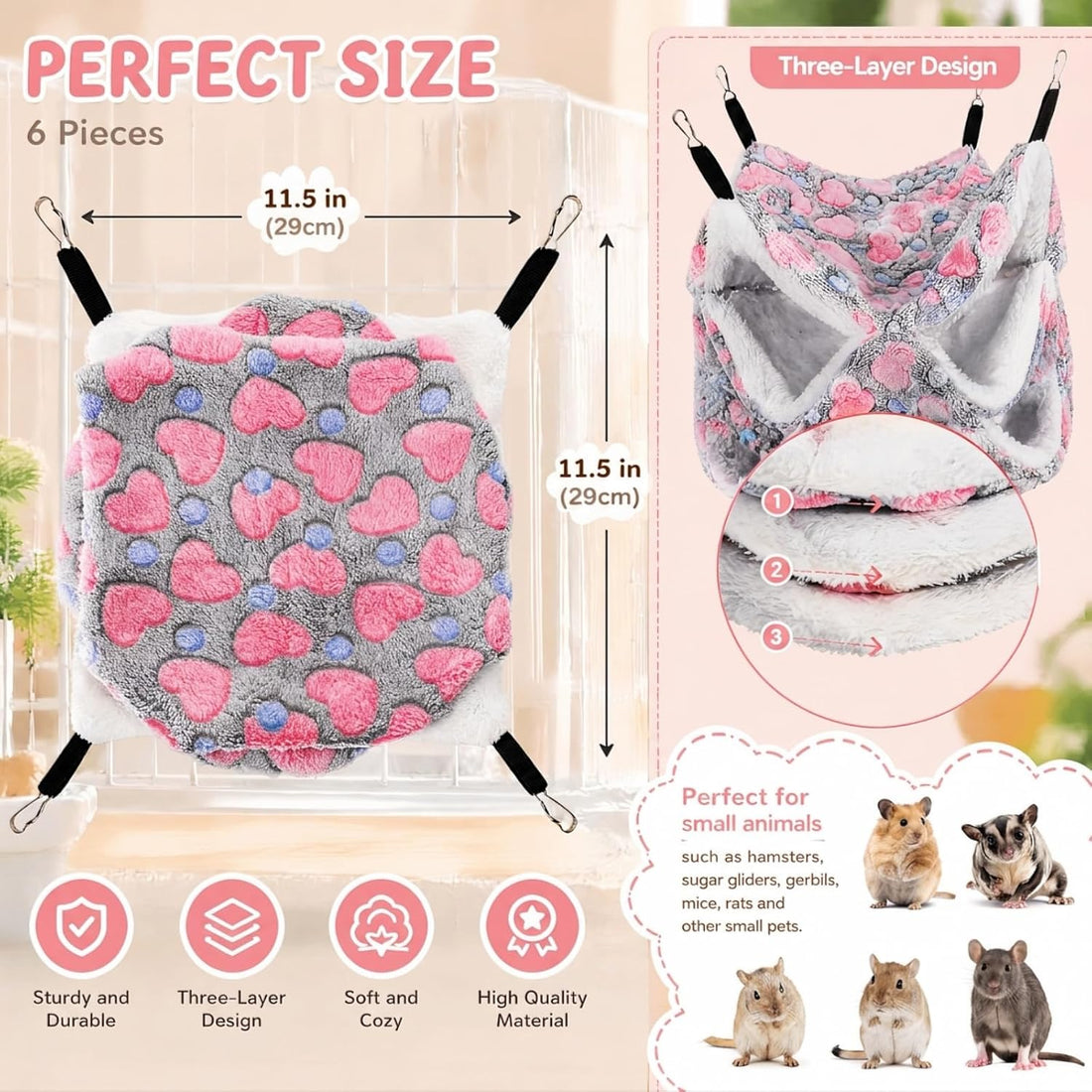 Covzoe 6 Pieces Rat Hammocks for Cage, 3 Layer Guinea Pig Hideout Bed