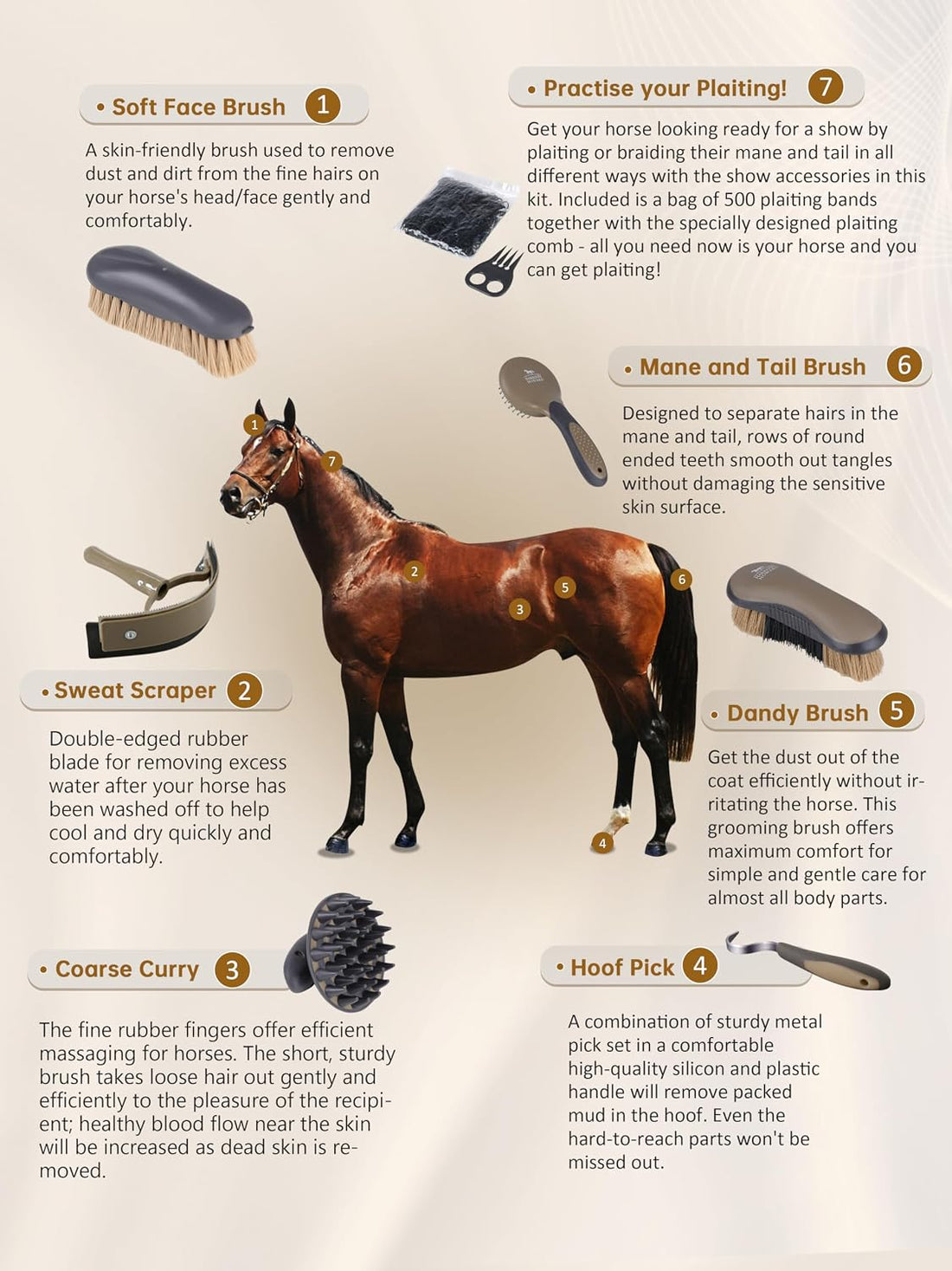 Harrison Howard Horse Grooming Brushes Kit 7 pieces with Organizer