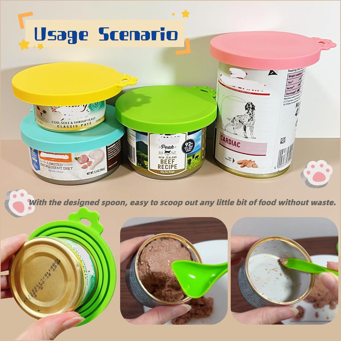 Food Grade Silicone Pet Can Covers, Universal 3-in-1, 2 Lids+Spoon