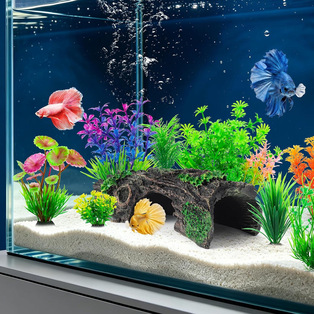 9Pcs Aquarium Decorations Resin Hollow Tree Trunk Ornament Set