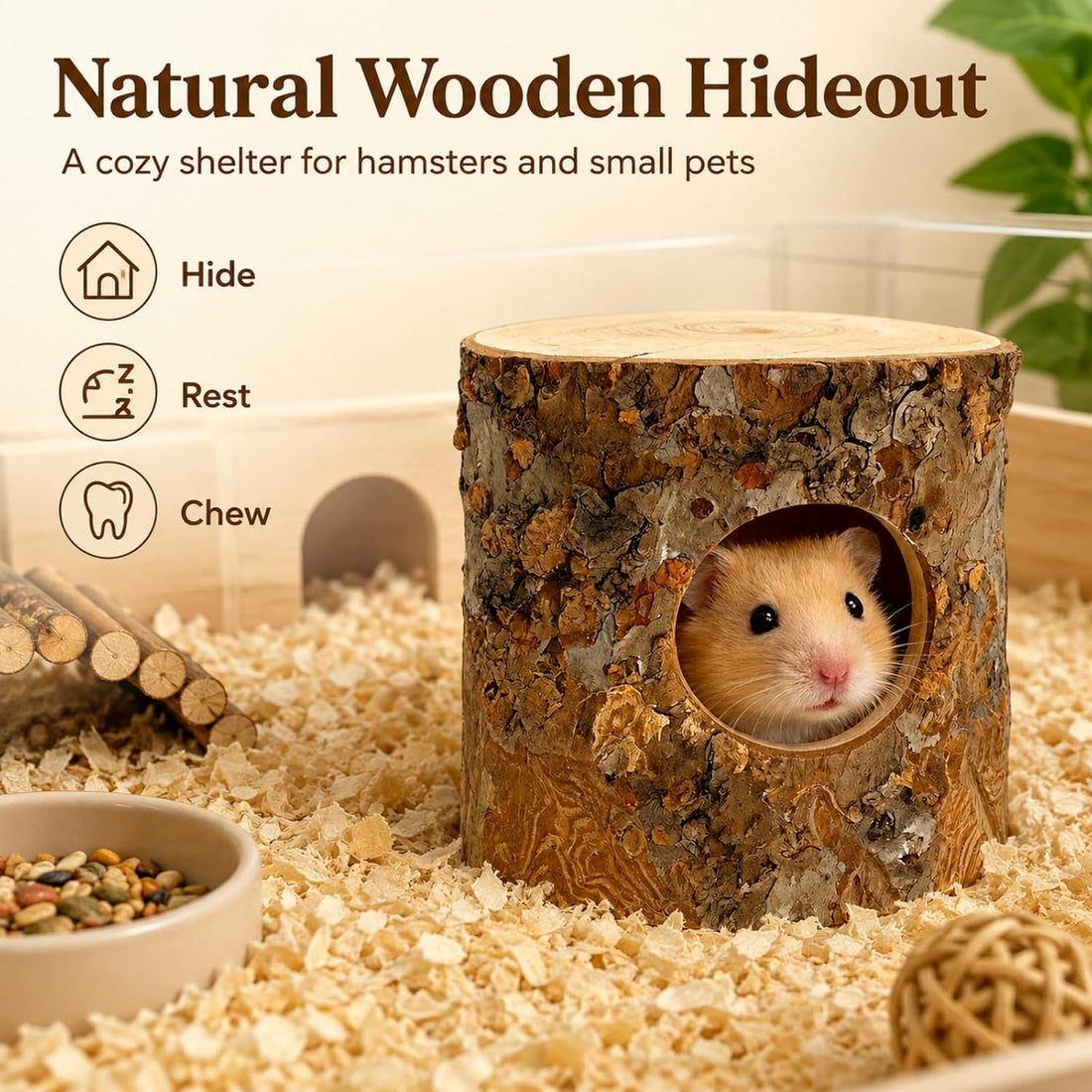 Hamster Hideout House for Small Animals, Wooden Habitat Shelter