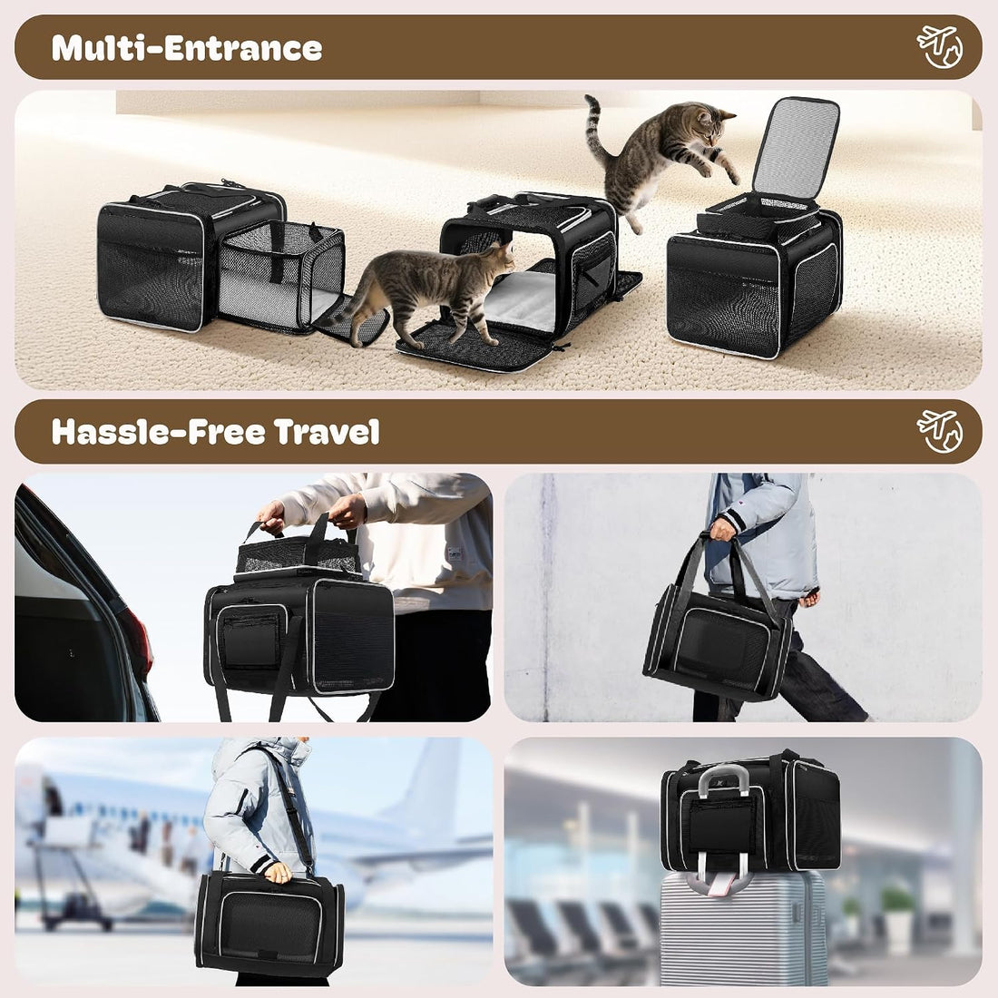 Top and 2 Sides Expandable Cat Carrier 18x11x11 TSA Airline Approved