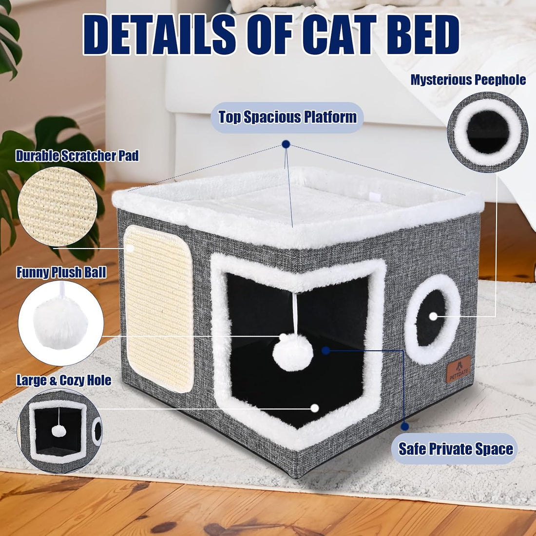 Cat Beds for Indoor Cats, Large Cat Cave Bed with Scratch Pad