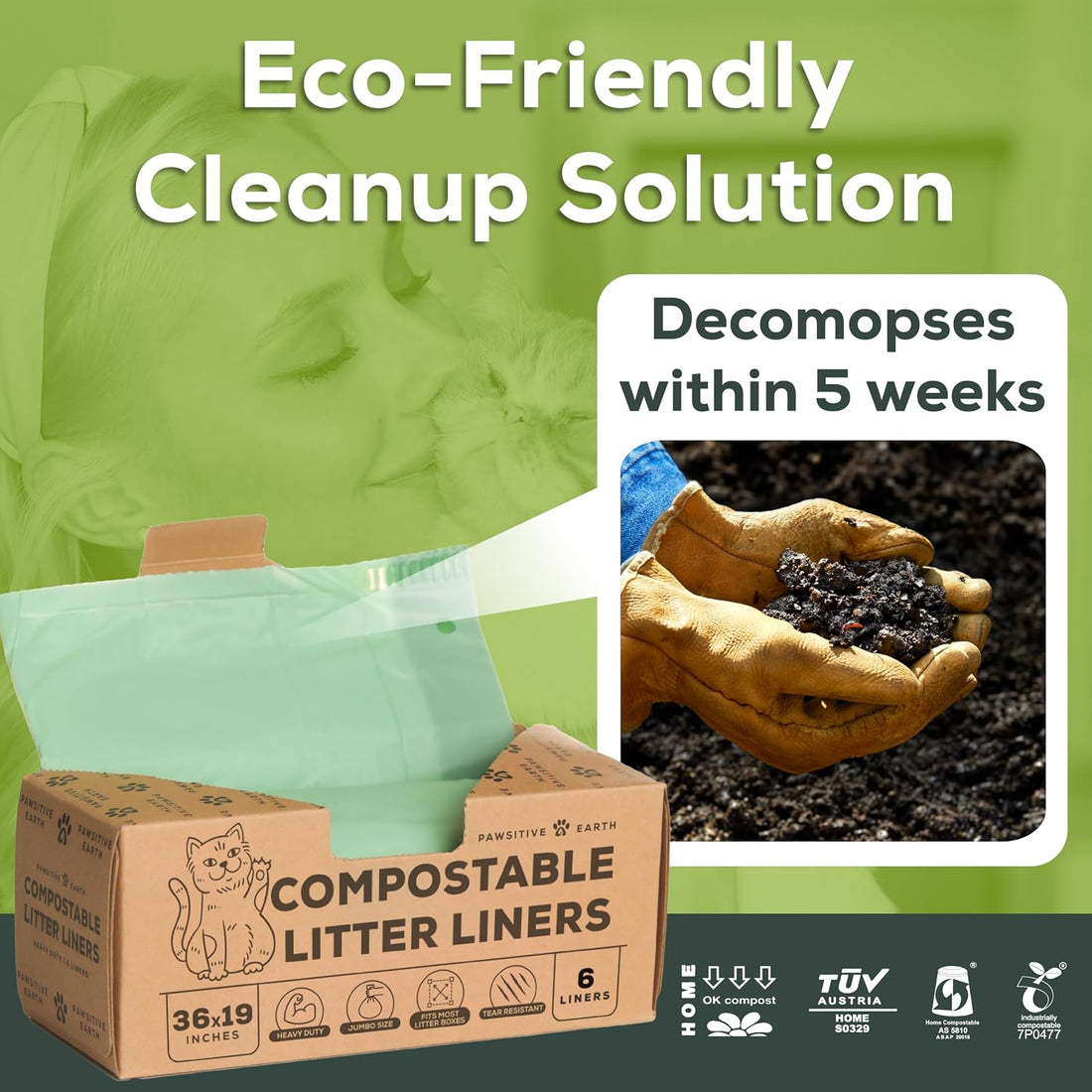 Cat Litter Box Liners 100% Compostable - Drawstring Close - 6 Count