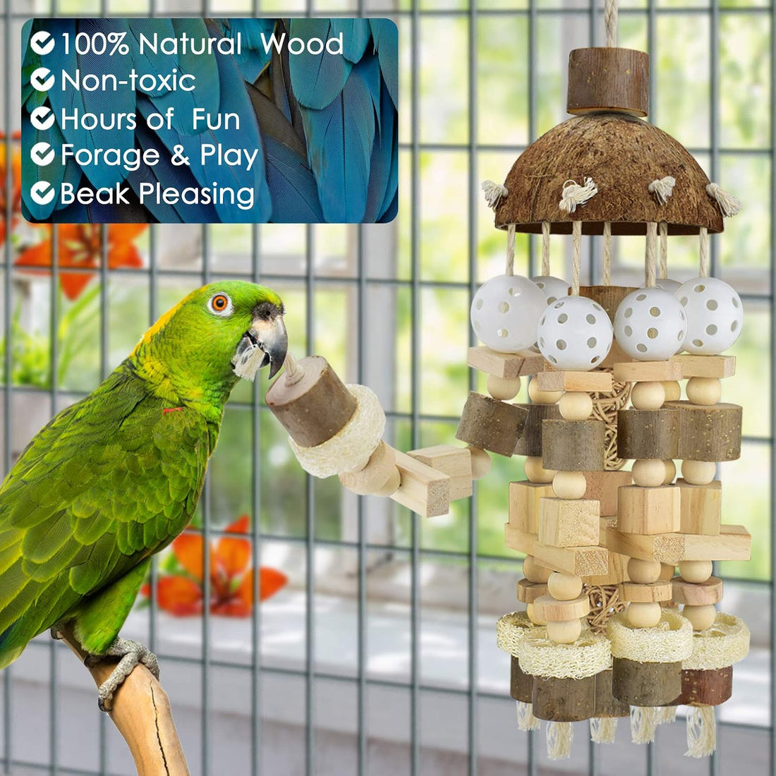 KATUMO Bird Toy, Large Parrot Natural Wooden Blocks Chewing Toy Suits