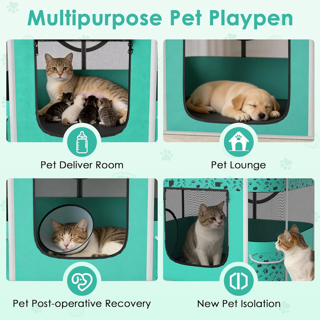 Portable Cat Playpen with Litter Box 3-Room, Soft Pet Cage Crates