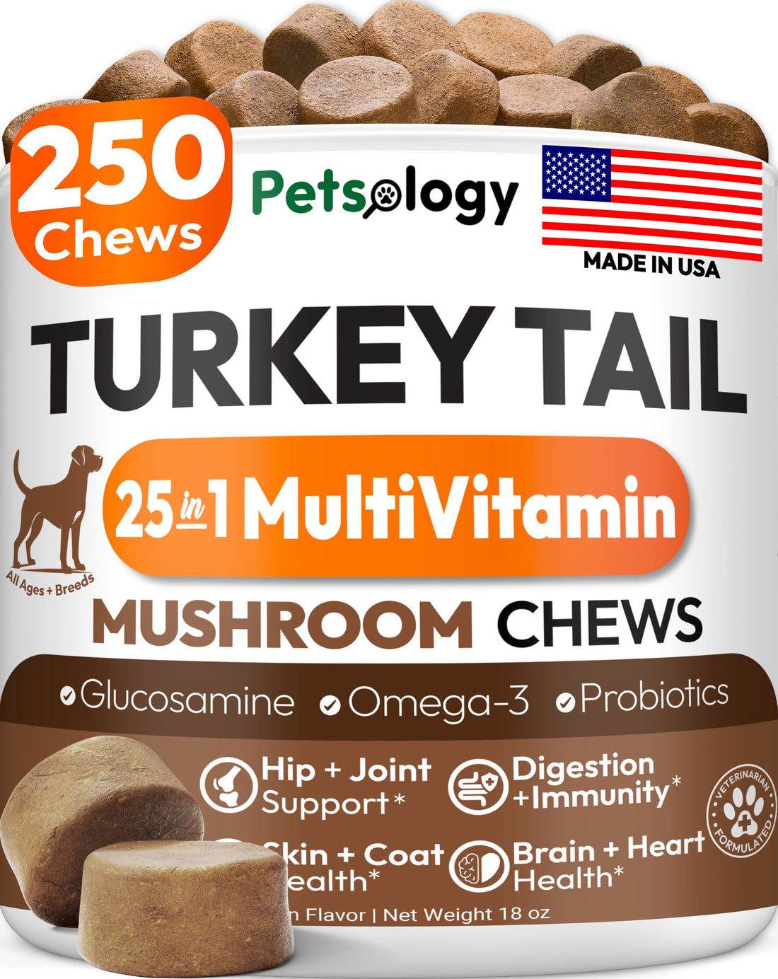 Turkey Tail Mushroom for Dogs - 250 Chews - Lion’s Mane - Shiitake