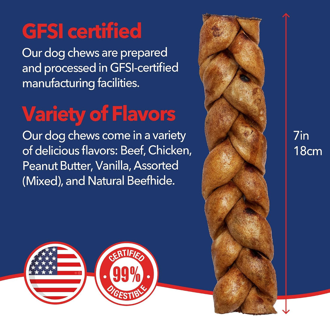 Pet Factory 7in Braided Beefhide Dog Chew Sticks with Peanut Butter