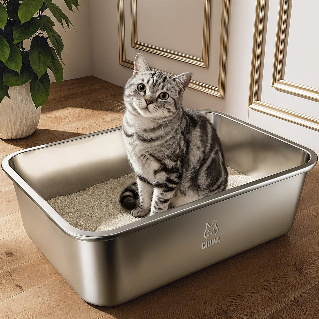 Qiuma Stainless Steel Litter Box, Metal Cat Litter Box with High Sides