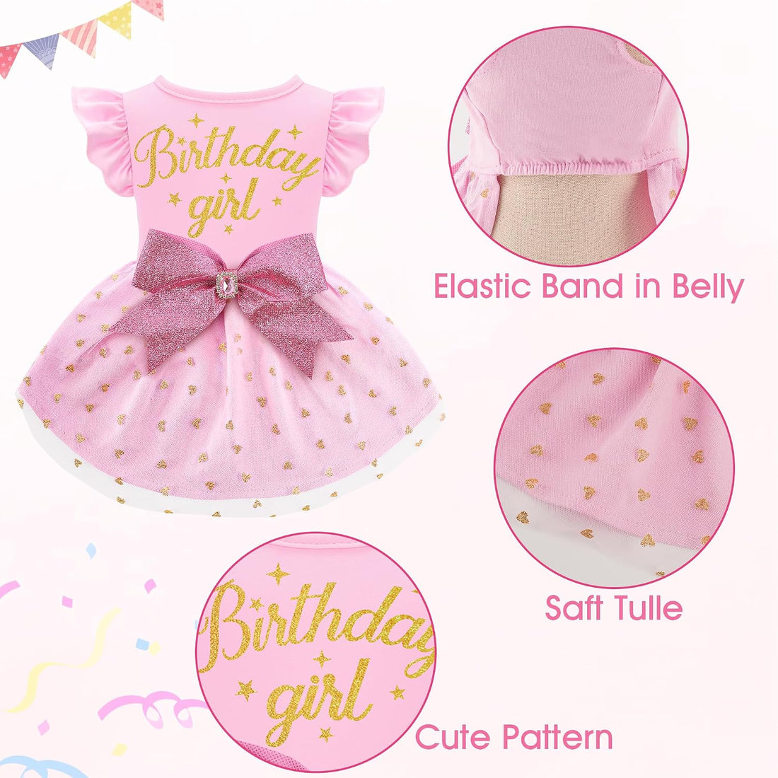 Dog Birthday Girl Dress Ruffle Dog Dress with Sparkly Pink Bowknot