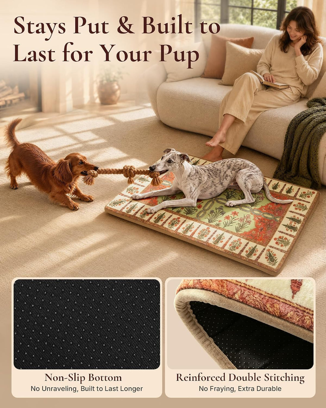 Exsnugy Dog Crate Pad,Boho Washable Dog Bed Mats for Medium Pets