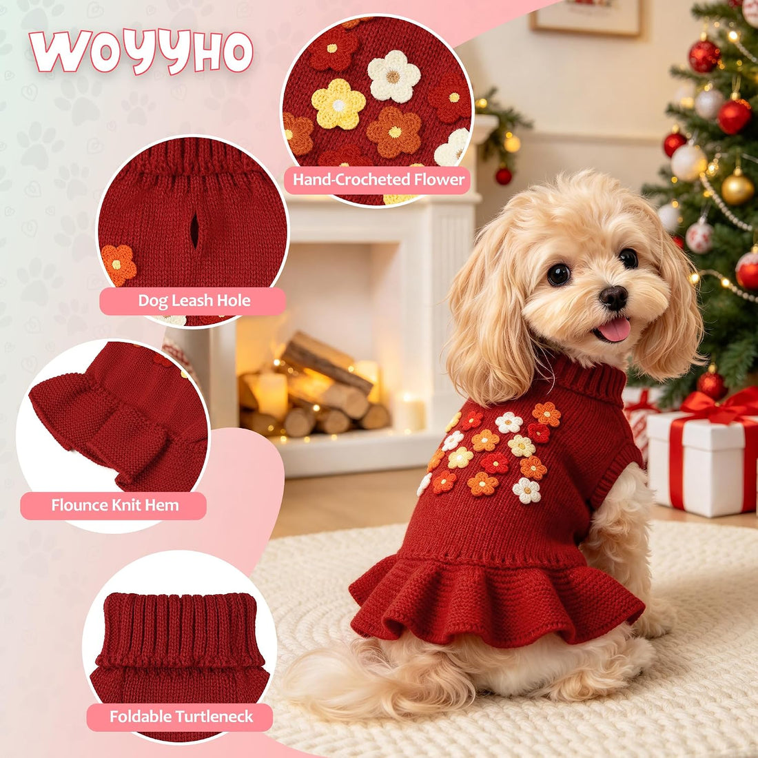 WOYYHO Small Dog Sweater Dress with Crochet Flower