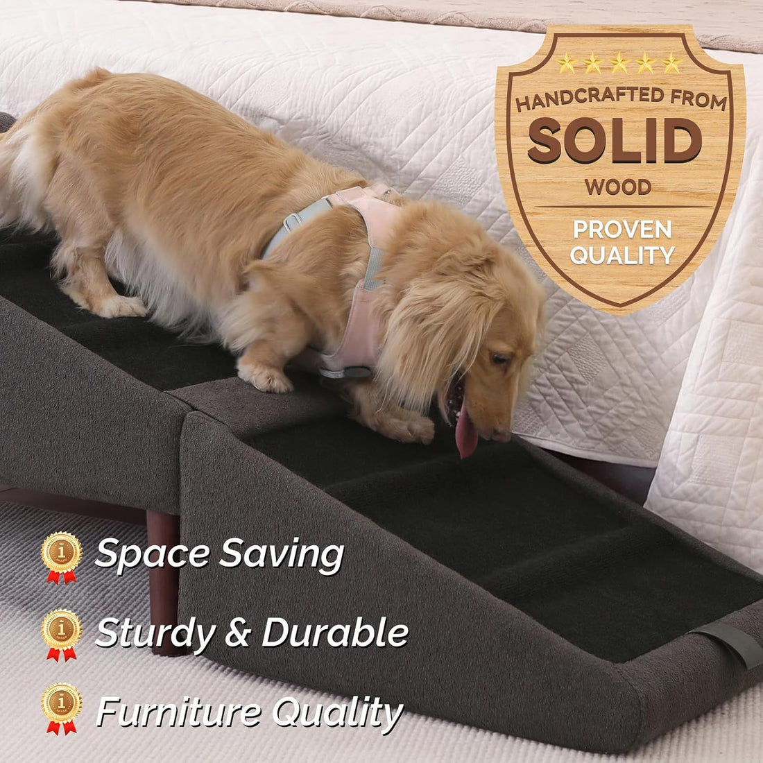 XXL Dog Stairs for Large Dogs, 2-in-1 Foldable Dog Ramp & Bed Bench